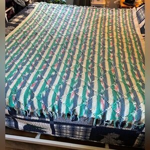 Beautiful homemade afghan teal blue pink white. Wonderful as throw or for couch
